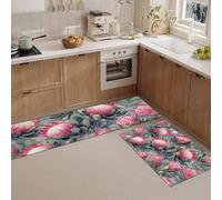 JEDTAKCT Lot De 2 Tapis De Cuisine Antidérapants Lavables Protéa Royale Réaliste, Ensemble Tapis De Coureur Anti-Fatigue Thème Végétal pour Cuisine Évier Bureau, Cyan Rouge, 40X60+40X120Cm