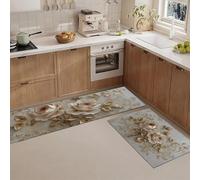 JEDTAKCT Lot De 2 Tapis De Cuisine Antidérapants Lavables Relief Floral Élégant, Ensemble Tapis De Coureur Anti-Fatigue Forêt Végétale pour Cuisine Évier Bureau, Beige Or, 43X75+43X150Cm