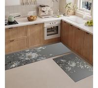 JEDTAKCT Lot De 2 Tapis De Cuisine Antidérapants Lavables, Sculpture De Fleur en Cristal Plante Réaliste, Tapis De Cuisine avec Autocollants Antidérapants pour Couloir, 40X60+40X120Cm, Gris