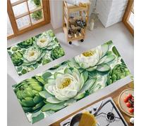JEDTAKCT Lot De 2 Tapis De Cuisine Antidérapants Lotus 3D Artichaut, Paillasson Lavable avec Aquarelle Botanique, Tapis Cuisine Anti-Fatigue pour Salle Manger Décorations Intérieures, Vert Sauge