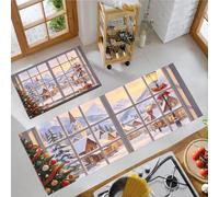 JEDTAKCT Lot De 2 Tapis De Cuisine Antidérapants Vitrine De Noël d'hiver | Absorbant Huile Eau, Tapis Sol Cuisine Lavable, Ville Enneigée Blanc pour Porte Intérieur 43X75+43X150