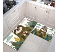 JEDTAKCT Lot De 2 Tapis De Cuisine Paresseux Ethnique Antidérapant Lavable, Absorbe l'eau l'huile Tapis De Cuisine Vert Foncé pour Buanderie Chambre Coucher, Forêt De Dessin Animé, 44X75Cm+44X120Cm