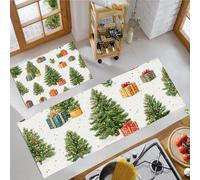 JEDTAKCT Lot De 2 Tapis De Cuisine Sapin De Noël Aquarelle 43X75Cm+43X150Cm, Cuisine Devant Evier Antidérapant Lavable Coffret Cadeau À Pois Beige Absorbant Entree Interieur Salon Tapis De Porte