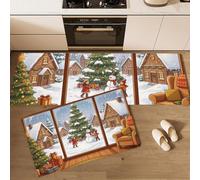 JEDTAKCT Lot De 2 Tapis De Cuisine Ville De Noël Dessinée Vitrine De Noël | Paillasson Antidérapants Anti-Fatigue, Ensemble De Tapis De Sol De Cuisine Lavables Gris, 43X75+43X150Cm