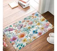 JEDTAKCT Paillasson Bienvenue D'Entrée Fleurs Aquarelles Romantiques Plantes Rustiques Tapis De Sol De Bain Antidérapant, Paillasson Lavable pour Salon Chambre À Coucher Cuisine, Beige Cyan, 80X120Cm