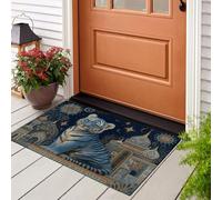 JEDTAKCT Paillasson Bienvenue D'Entrée Tigre Ethnique Architecture Ciel Étoilé Bohème Tapis De Sol De Bain Antidérapant, Paillasson Lavable pour Salon Chambre À Coucher Cuisine, Bleu Marine, 90X150Cm