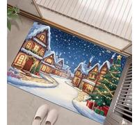 JEDTAKCT Paillasson De Noël, 90X150Cm Paillasson Ville des Dessins Animés, Tapis De Sol De D'Entrée Rue De Noël, Tapis De Bain Antiderapant Bienvenue Porte À Motifs Bleu Marine pour Intérieur