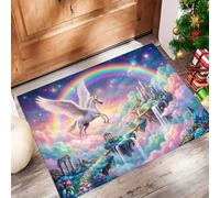JEDTAKCT Paillasson Imprimé Château De Rêve Animaux avec Envers TPR Antidérapant, Tapis Absorbant 80X120Cm Arc-en-Ciel Licorne Étoiles pour Extérieure Intérieur Lavable en Machine Tapis, Bleu