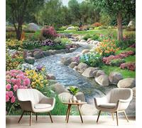 JEDTAKCT Papier Peint 3D Panoramique Motif Rivière Forestière Paysage De Jardin Papier Peint Poster, Vert Foncé Muraux Photo Pour Salon Chambre Restaurant Couloir Tv Fond Décor Mural 400X280Cm