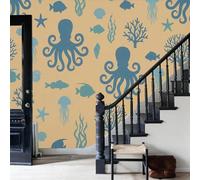 JEDTAKCT Papier Peint Animaux Marins Simples, Papier Peint Panoramique Corail Pieuvre Coquillage Pour Salon Chambre Bureau Couloir Canapé Tv Fond, Décoration Photo Murale, 450X315Cm (L X H), Brun