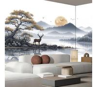 JEDTAKCT Papier Peint Cerf Lac Montagnes Peinture À L'Encre De Chine 400X280Cm Papier Peint Panoramique 3D Grandes Poster Revêtement Mural Photo Noir Et Blanc Pour Salon Chambre Décor Fond Tv
