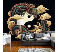 JEDTAKCT Papier Peint Chinois Yin-Yang, Papier Peint Panoramique Animal Traditionnel Dragon Noir Pour Salon Chambre Bureau Couloir Arrière-Plan Tv, Décoration Murale 3D, 250X175Cm (L X H)