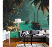 JEDTAKCT Papier Peint Côte Tropicale Pour Voiliers Paysage Forestier 450X315Cm Papier Peint Panoramique 3D Grandes Poster Revêtement Mural Photo Turquoise Pour Salon Chambre Décor Fond Tv
