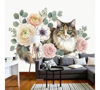 JEDTAKCT Papier Peint Fleurs Simples Chat, Papier Peint Panoramique Animaux Du Printemps Couleur Crème Pour Salon Chambre Bureau Couloir Arrière-Plan Tv, Décoration Murale 3D, 250X175Cm (L X H)