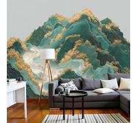 JEDTAKCT Papier Peint Forêt Montagnes À La Feuille D'Or Paysage À L'Encre 300X210Cm Papier Peint Panoramique 3D Grandes Poster Revêtement Mural Photo Vert Foncé Pour Salon Chambre Décor Fond Tv