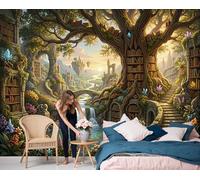 JEDTAKCT Papier Peint La Bibliothèque Forêt Enchantée, Papier Peint Panoramique Paysage Conte Fées Pour Salon Chambre Bureau Couloir Tv Fond, Décoration Photo Murale, 300 X 210 Cm (L X H), Jaune-Vert