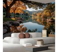 JEDTAKCT Papier Peint Lac Forestier D'Automne Paysage Naturel 350X256Cm Papier Peint Panoramique 3D Grandes Poster Revêtement Mural Photo Jaune Moutarde Pour Salon Chambre Décor Fond Tv