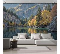 JEDTAKCT Papier Peint Lacs Naturels Montagnes Paysage Forestier 400X280Cm Papier Peint Panoramique 3D Grandes Poster Revêtement Mural Photo Vert Foncé Pour Salon Chambre Décor Fond Tv