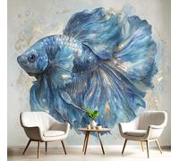 JEDTAKCT Papier Peint Motif Betta Feuille D'Or Tapisserie Panoramique Grand 3D Animal Élégant Bleu Royal Papier Peint Soie Pour Salon Chambre Chambre D'Enfant Décoration Murale, 350X256Cm