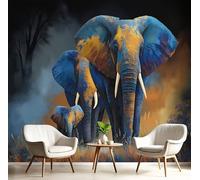 JEDTAKCT Papier Peint Motif Éléphant En Feuille D'Or Tapisserie Panoramique Grand 3D Animaux D'Afrique Bleu Foncé Papier Peint Soie Pour Salon Chambre Chambre D'Enfant Décoration Murale, 300X210Cm