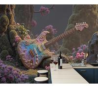 JEDTAKCT Papier Peint Motif Guitare Arc-En-Ciel 3D Paysage De Forêt Moussue, Papier Peint Panoramique Tableaux Photo Muraux Vert Olive Utilisé Pour Chambre, Salon, Fond Tv Décoration Murale 200X140Cm