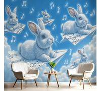 JEDTAKCT Papier Peint Notes De Musique De Lapin, Papier Peint Panoramique Motif Animaux Mignons, Fresque Murale 250X175Cm, Décoration Image Murale Bleu Royal Pour Salon Chambre Bureau Tv Artistique