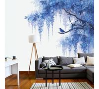 JEDTAKCT Papier Peint Oiseaux Chinois Fleurs De Glycine, Papier Peint Panoramique Paysage Oriental Bleu Foncé Pour Salon Chambre Bureau Couloir, Décoration Murale Poster Intérieure, 200X140Cm (L X H)