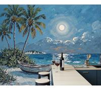 JEDTAKCT Papier Peint Palmiers Voiliers Plages, Papier Peint Panoramique Paysage Tropical Ciel Bleu Pour Salon Chambre Bureau Couloir, Décoration Murale Poster Intérieure, 400X280Cm (L X H)
