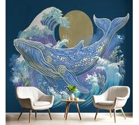 JEDTAKCT Papier Peint Panoramique 250X175Cm Vagues Baleines Impression Animaux Ukiyo-E Papier Peint Décoration Murale Poster Bleu Marine Fresque Murale Salon Chambre Á Coucherr Bureau Salle
