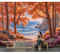 JEDTAKCT Papier Peint Panoramique 3D Paysage Forestier D'Automne 350 X 256 Cm, Plage De Rêve Décoration Murale Salon Salle Enfants, Tapisserie Murales Papier Peint Pour Chambre, Couleur Orange