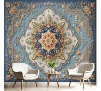 JEDTAKCT Papier Peint Panoramique 400X280Cm Badge Mandala Luxueux Impression Fleurs Persanes Papier Peint Décoration Murale Poster Bleu Marine Fresque Murale Salon Chambre Á Coucherr Bureau Salle