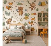 JEDTAKCT Papier Peint Panoramique 400X280Cm Explorateurs D'Animaux Mignons | Beige Papier Peint Intissé Tapisserie Poster Décoration Murale Pour Salon Chambre - Dessin Animé Ours Renard
