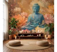 JEDTAKCT Papier Peint Panoramique 400X280Cm Statue Minimaliste Orientale | Orange Papier Peint Intissé Tapisserie Poster Décoration Murale Pour Salon Chambre - Peinture L'Huile Abstraite Lotus