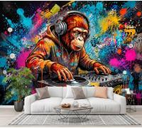 JEDTAKCT Papier Peint Panoramique Animaux Éclaboussés D'Encre De Rue Noir 250X175Cm | Papier Peint Intissé Dj Trendy Gorilla Décoration Murale Chambre, Fresque Murale Pour Salon Fond Tv