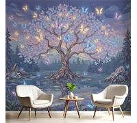JEDTAKCT Papier Peint Panoramique Arbre À Papillons Fantastique, Papier Peint Ciel Nocturne Lac Bleu Poudré 350X256Cm, Tableaux Poster Photo Décoration Murale, Fond Tv Décoration Murale Salon Chambre
