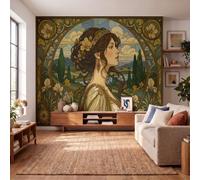 JEDTAKCT Papier Peint Panoramique Beauté Rétro Paysage Vert Olive 350X256Cm | Papier Peint Intissé Bordure Florale Art Nouveau Décoration Murale Chambre, Fresque Murale Pour Salon Fond Tv