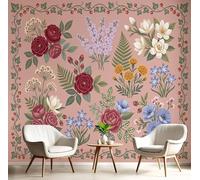 JEDTAKCT Papier Peint Panoramique Bordure Botanique Vintage Roses Imprimé Floral, 3D Papier Peint Format Xxl Murale Pour Salon Décoration Murale Chambre Enfant Rose 250 X 175 Cm Tableaux Poster