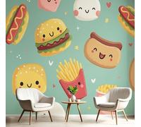 JEDTAKCT Papier Peint Panoramique Burger De Dessin Animé Frites, Papier Peint Gris Vert Motif Nourriture Amusante, Tapisserie Panoramique Salon Canapé Fond, Décoration Murale Chambre, 300X210Cm (Lxh)