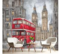 JEDTAKCT Papier Peint Panoramique Bus Londonien À Impériale, Papier Peint Marron Motif Peinture À L'Huile Big Ben, Tapisserie Panoramique Salon Canapé Fond, Décoration Murale Chambre, 200X140Cm (Lxh)