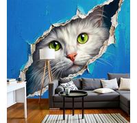 JEDTAKCT Papier Peint Panoramique Chat 3D À Texture Craquelée Bleu Royal 3D Mural Design, Tapisserie Photo Géante Pour Salon Décoration Murale Xxl Soie, Mural Fresque Animal Réaliste 300X210Cm