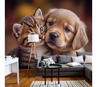 JEDTAKCT Papier Peint Panoramique Chat Mignon Golden Retriever Marron 3D Mural Design, Tapisserie Photo Géante Pour Salon Décoration Murale Xxl Soie, Mural Fresque Animal Réaliste 400X280Cm