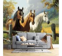 JEDTAKCT Papier Peint Panoramique Chevaux Anciens Animaux De Campagne 350X256Cm Soie Fresque Murale - Décoration Murale Moderne - Pour Salon Chambre D'Enfants Restaurant Murale