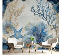 JEDTAKCT Papier Peint Panoramique Corail Doré Coquillages, Papier Peint Mural Photo Motif Vue Bord De Mer Bleu Ciel, Tapisserie Panoramique Salon, Décoration Murale Chambre, 350X256Cm