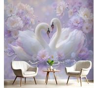 JEDTAKCT Papier Peint Panoramique Cygne Élégant 3D, Papier Peint Violet Lavande Motif Pivoine Rêveuse, Tapisserie Panoramique Salon Canapé Fond, Décoration Murale Chambre, 300X210Cm (Lxh)