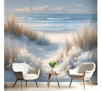 JEDTAKCT Papier Peint Panoramique Dunes D'Herbe, Papier Peint Mural Photo Motif Vagues De L'Océan Bleu Clair, Tapisserie Panoramique Salon, Décoration Murale Chambre, 350X256Cm