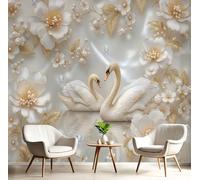 JEDTAKCT Papier Peint Panoramique En Soie Beige - Cygne Perlé 3D - 300X210Cm - Revêtement Mural Décoration Fleurs Élégantes Décoration Tapisserie Wallpaper Muraux Photo Salon Chambre