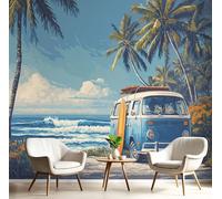 JEDTAKCT Papier Peint Panoramique En Soie Bleu Profond - Palm Tree Beach - 150X105Cm - Revêtement Mural Décoration Bus Vintage Décoration Tapisserie Wallpaper Muraux Photo Salon Chambre