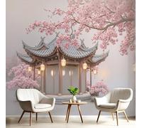 JEDTAKCT Papier Peint Panoramique En Soie Rose Pêche - Architecture Rétro Chinoise - 350X256Cm - Revêtement Mural Décoration Fleurs De Rêve Décoration Tapisserie Wallpaper Muraux Photo Salon Chambre