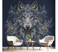JEDTAKCT Papier Peint Panoramique Fleur Abstraite Loup, Poster Geant Mural Personnalisé 3D, Animal Gothique Pour Salon Chambre D'Enfant Décoration Murale, Bleu Noir Moderne Murales, 400X280Cm