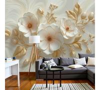 JEDTAKCT Papier Peint Panoramique Fleurs Vagues Relief, Papier Peint Plantes Luxuriantes Beige 350X256Cm, Tableaux Poster Photo Décoration Murale, Fond Tv Décoration Murale Salon Chambre